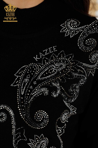 Toptan Kadın Triko Kazak Kristal Taş İşlemeli Siyah - 30013 | KAZEE - Thumbnail