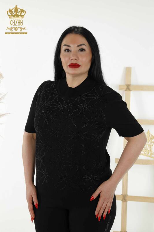 Toptan Kadın Triko Kazak Kristal Taş İşlemeli Siyah - 30305 | KAZEE