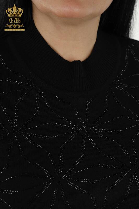 Toptan Kadın Triko Kazak Kristal Taş İşlemeli Siyah - 30305 | KAZEE
