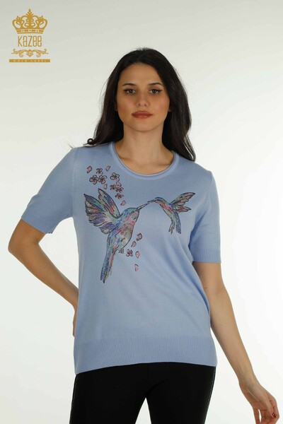 Toptan Kadın Triko Kazak Kuş Desenli Mavi - 30456 | KAZEE - Thumbnail