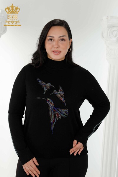 Toptan Kadın Triko Kazak Kuş Desenli Siyah - 16459 | KAZEE - Thumbnail