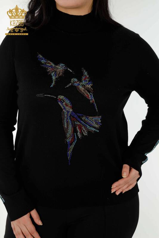 Toptan Kadın Triko Kazak Kuş Desenli Siyah - 16459 | KAZEE
