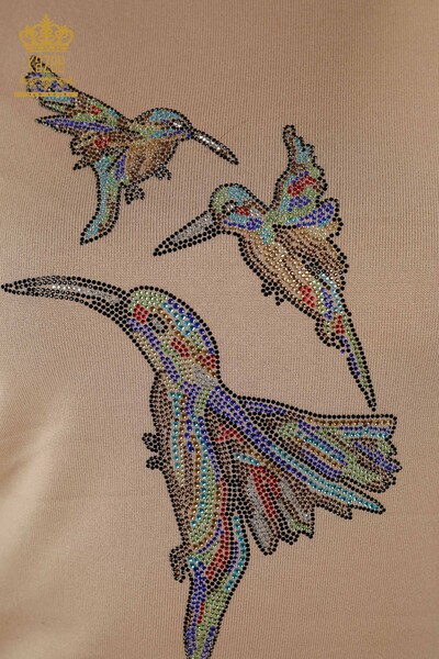 Toptan Kadın Triko Kazak Kuş Desenli Vizon - 16459 | KAZEE - Thumbnail