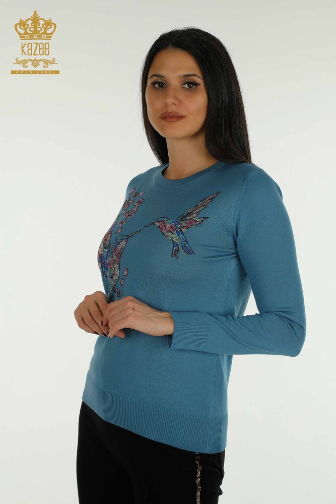 Toptan Kadın Triko Kazak Kuş Nakışlı Mavi - 30401 | KAZEE - 1