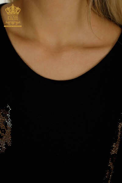 Toptan Kadın Triko Kazak Leopar Taş İşlemeli Siyah - 30633 | KAZEE - Thumbnail