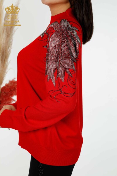 Toptan Kadın Triko Kazak Omuz Çiçek Detaylı Kırmızı - 16597 | KAZEE - Thumbnail
