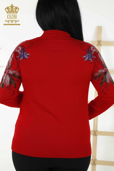 Toptan Kadın Triko Kazak Omuz Çiçek Detaylı Kırmızı - 30007 | KAZEE - Thumbnail