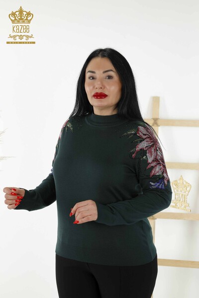 Toptan Kadın Triko Kazak Omuz Çiçek Detaylı Nefti - 30007 | KAZEE - Thumbnail