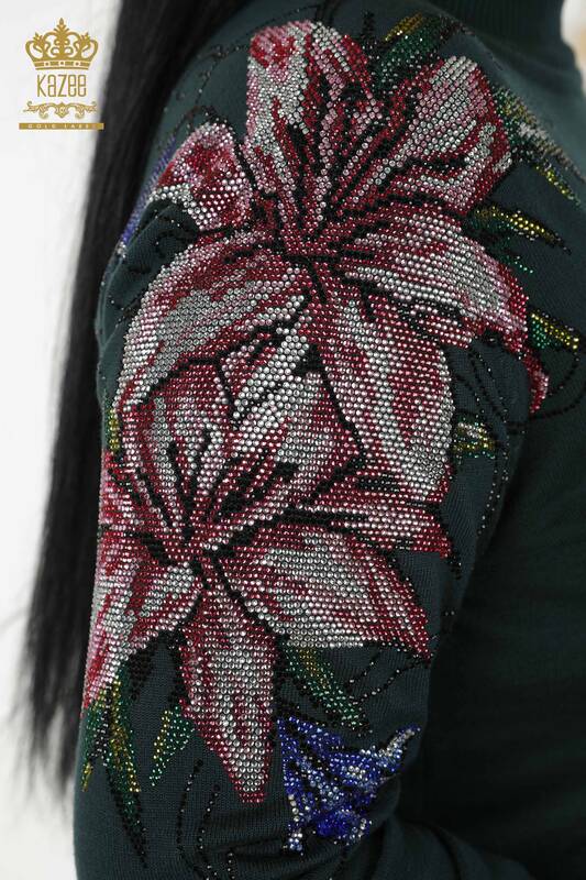 Toptan Kadın Triko Kazak Omuz Çiçek Detaylı Nefti - 30007 | KAZEE