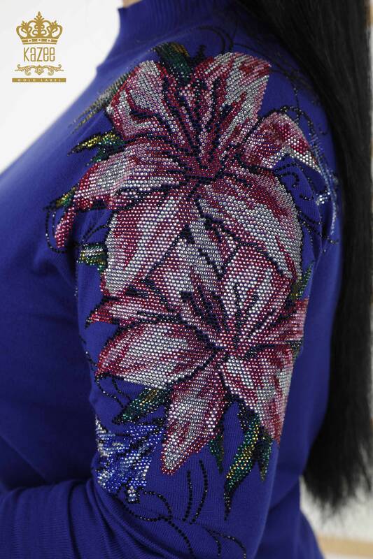 Toptan Kadın Triko Kazak Omuz Çiçek Detaylı Saks - 30007 | KAZEE