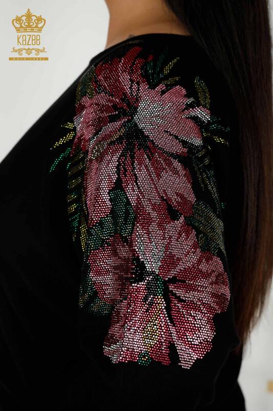 Toptan Kadın Triko Kazak Omuz Çiçek Detaylı Siyah - 16133 | KAZEE