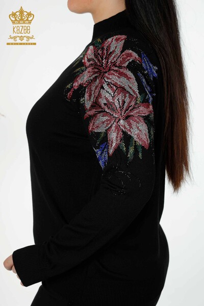 Toptan Kadın Triko Kazak Omuz Çiçek Detaylı Siyah - 30007 | KAZEE - Thumbnail
