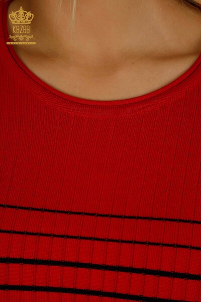 Toptan Kadın Triko Kazak Omuz Detaylı Kırmızı-Siyah - 30079 | KAZEE - Thumbnail