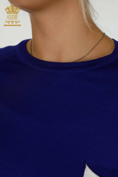 Toptan Kadın Triko Kazak Renkli Cepli Saks - 30108 | KAZEE - 3