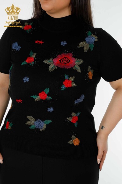 Toptan Kadın Triko Kazak Renkli Çiçek Desenli Siyah - 16892 | KAZEE - Thumbnail