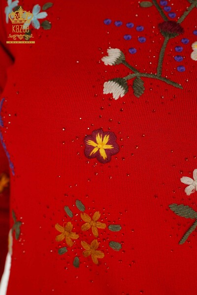 Toptan Kadın Triko Kazak Renkli Çiçek Nakışlı Kırmızı - 16445 | KAZEE - Thumbnail (2)