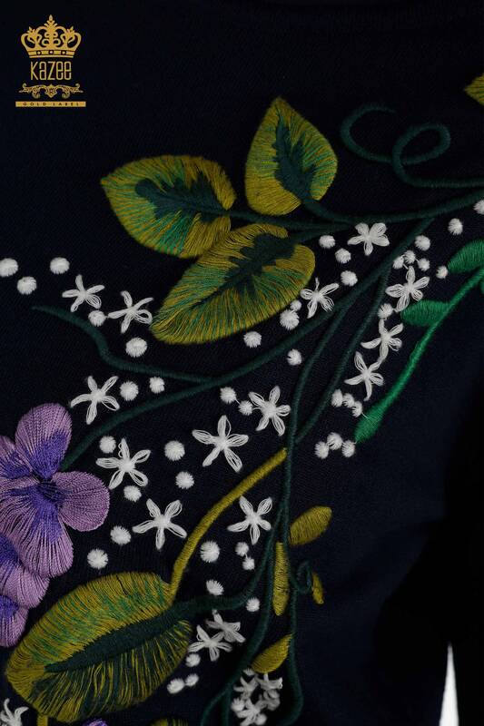 Toptan Kadın Triko Kazak Renkli Çiçek Nakışlı Lacivert - 16934 | KAZEE