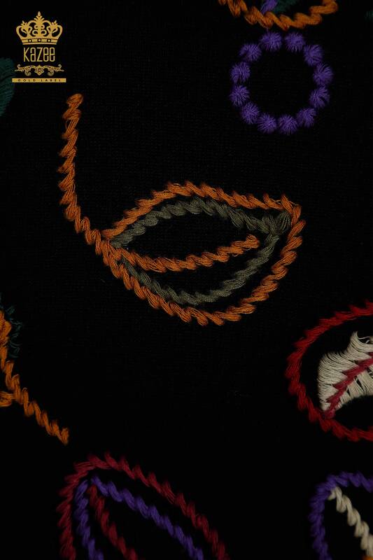 Toptan Kadın Triko Kazak Renkli Desenli Siyah - 15844 | KAZEE