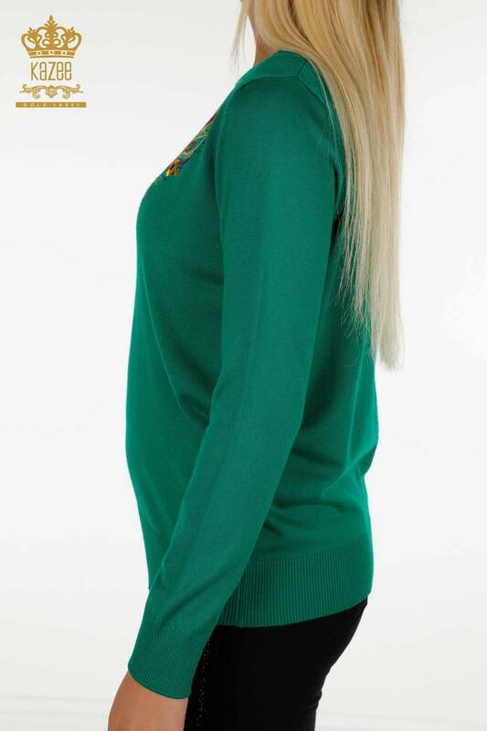Toptan Kadın Triko Kazak Renkli Nakışlı Yeşil - 30147 | KAZEE