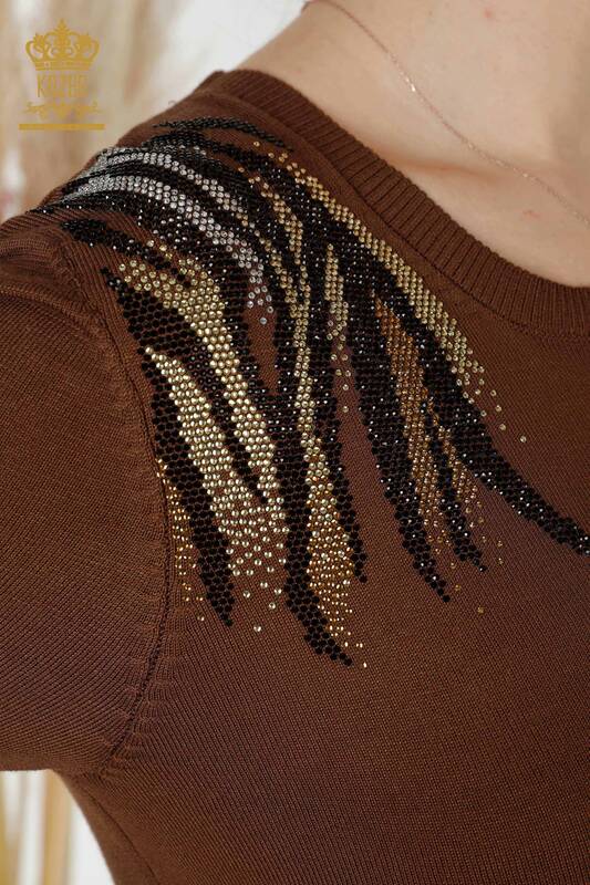 Toptan Kadın Triko Kazak Taş İşlemeli Kahverengi - 16940 | KAZEE