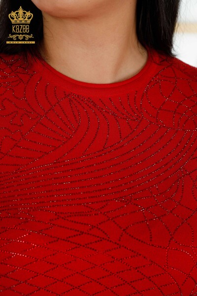 Toptan Kadın Triko Kazak Taş İşlemeli Kırmızı - 30115 | KAZEE - Thumbnail