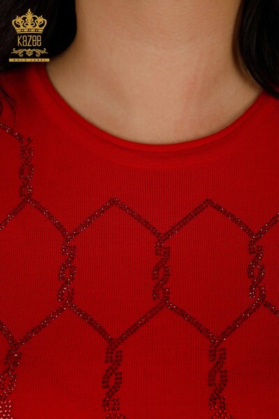 Toptan Kadın Triko Kazak Taş İşlemeli Kırmızı - 30317 | KAZEE - Thumbnail