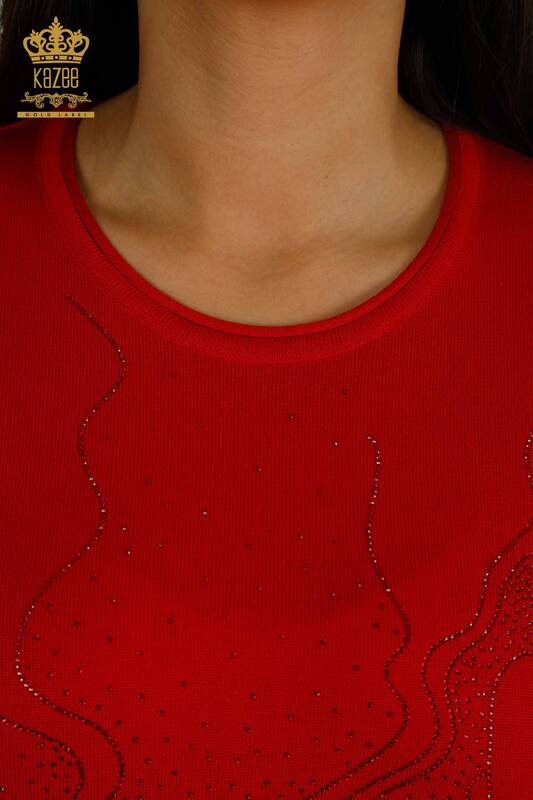 Toptan Kadın Triko Kazak Taş İşlemeli Kırmızı - 30659 | KAZEE