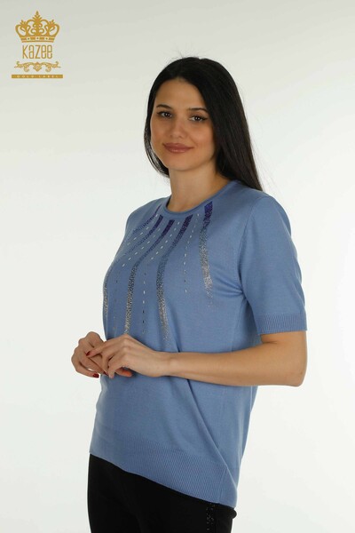 Toptan Kadın Triko Kazak Taş İşlemeli Mavi - 30460 | KAZEE