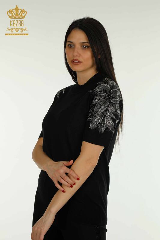 Toptan Kadın Triko Kazak Taş İşlemeli Siyah - 30674 | KAZEE