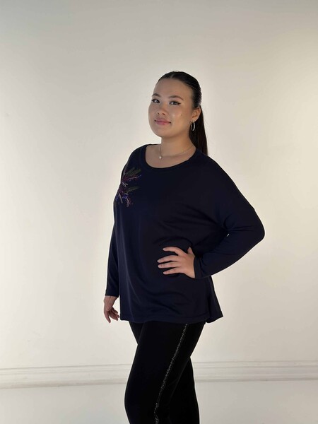 Toptan Kadın Triko Kazak Taşlı Nakışlı Uzun Kollu Lacivert - 30750 | KAZEE - 2