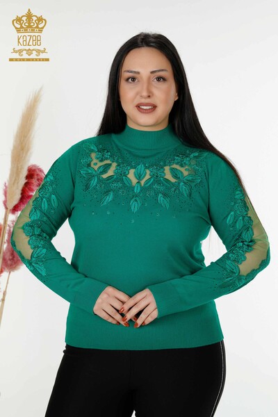 Toptan Kadın Triko Kazak Tül Detaylı Yeşil - 30123 | KAZEE - Thumbnail