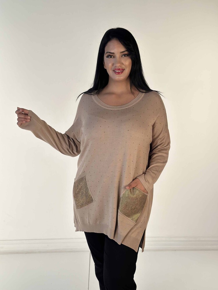 Toptan Kadın Triko Kazak Uzun Kollu Taş İşlemeli Cep Detaylı Bisiklet Yaka Bej - 30624 | KAZEE - 3