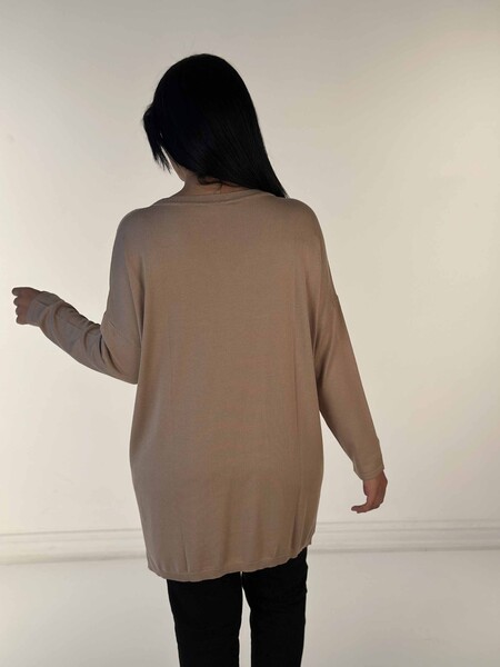 Toptan Kadın Triko Kazak Uzun Kollu Taş İşlemeli Cep Detaylı Bisiklet Yaka Bej - 30624 | KAZEE - 6