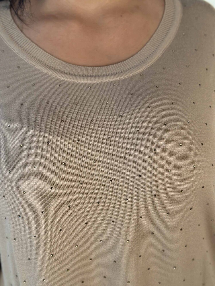 Toptan Kadın Triko Kazak Uzun Kollu Taş İşlemeli Cep Detaylı Bisiklet Yaka Bej - 30624 | KAZEE - 4