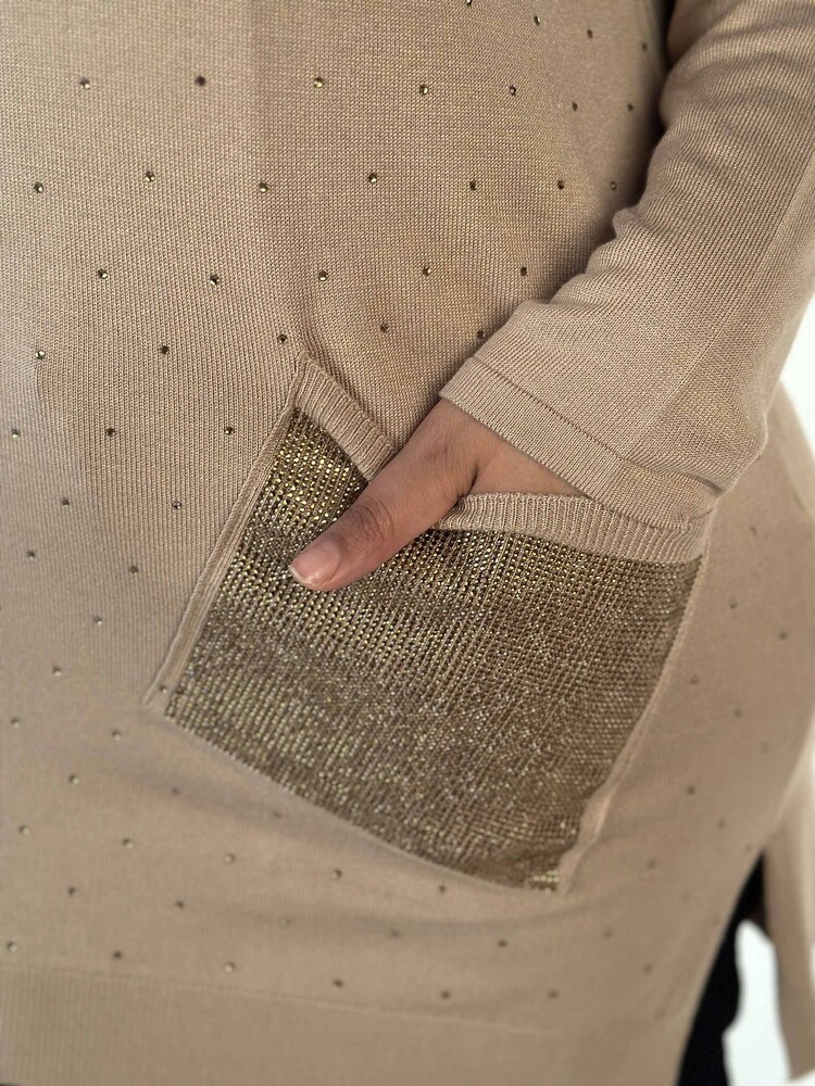 Toptan Kadın Triko Kazak Uzun Kollu Taş İşlemeli Cep Detaylı Bisiklet Yaka Bej - 30624 | KAZEE - 5