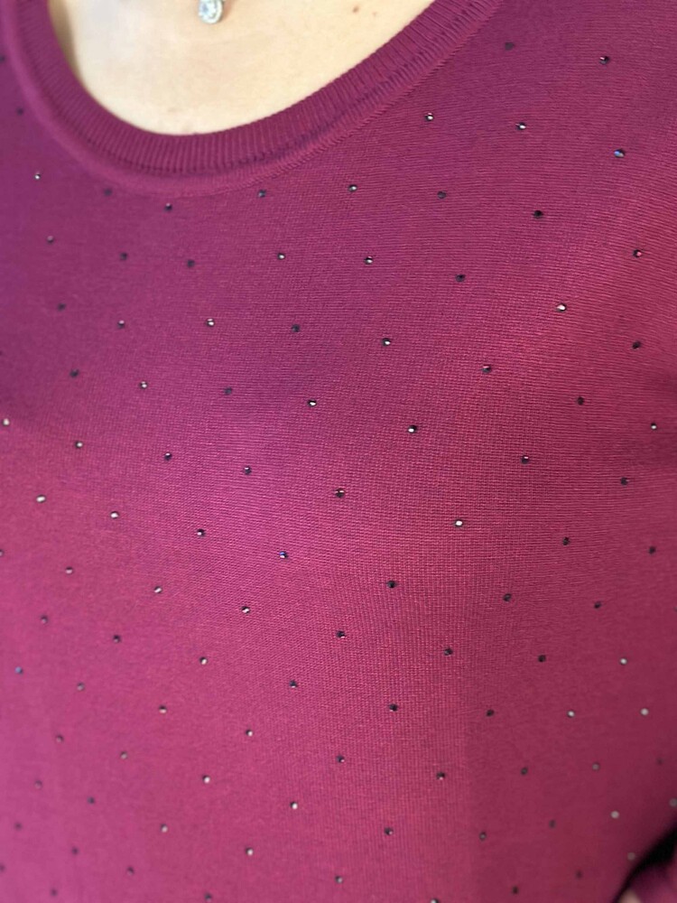 Toptan Kadın Triko Kazak Uzun Kollu Taş İşlemeli Cep Detaylı Bisiklet Yaka Eflatun - 30624 | KAZEE - 4