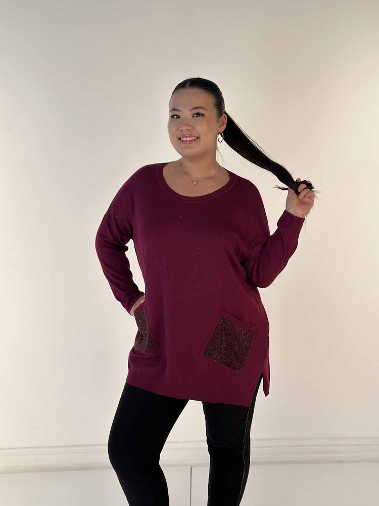 Toptan Kadın Triko Kazak Uzun Kollu Taş İşlemeli Cep Detaylı Bisiklet Yaka Eflatun - 30624 | KAZEE - 1