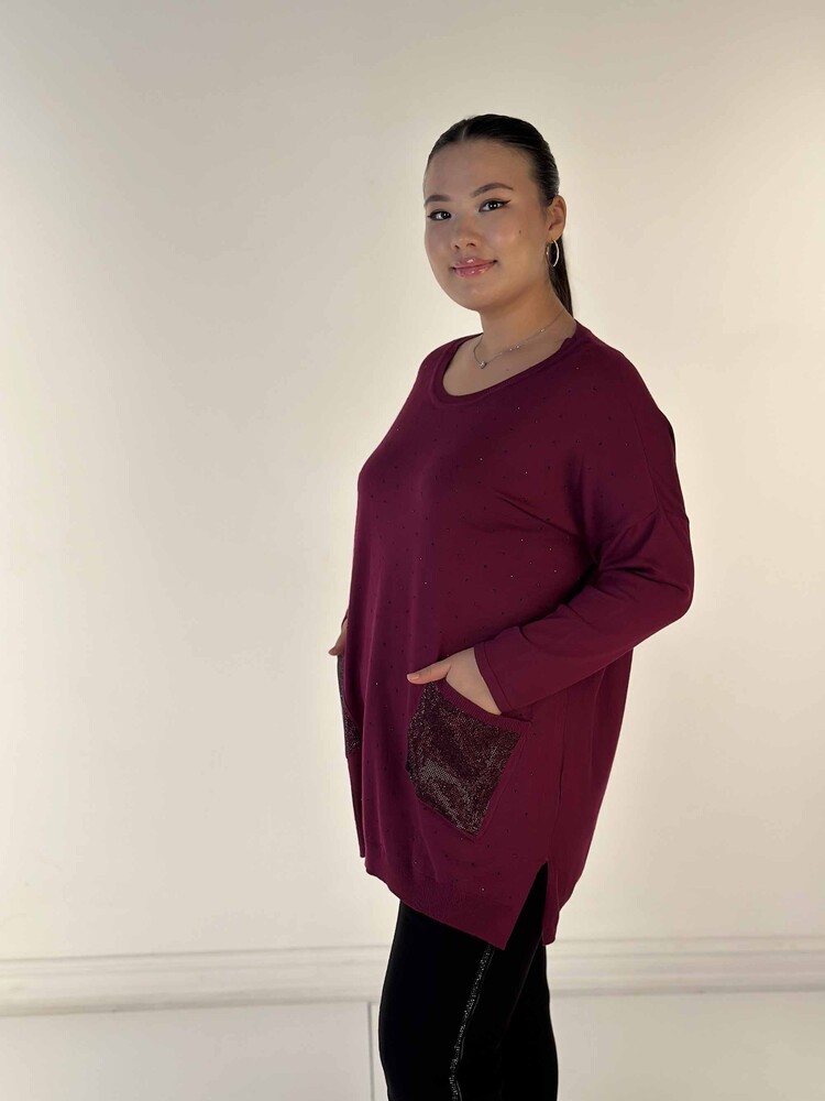 Toptan Kadın Triko Kazak Uzun Kollu Taş İşlemeli Cep Detaylı Bisiklet Yaka Eflatun - 30624 | KAZEE - 2