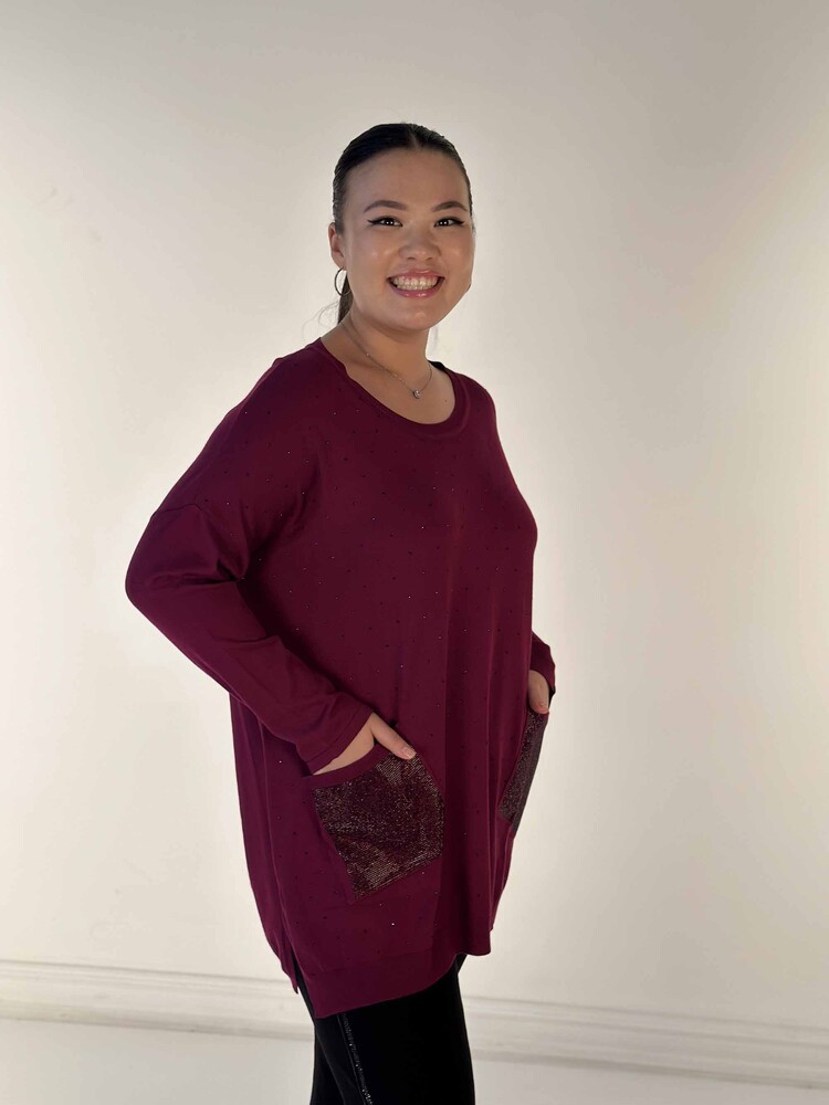 Toptan Kadın Triko Kazak Uzun Kollu Taş İşlemeli Cep Detaylı Bisiklet Yaka Eflatun - 30624 | KAZEE - 3