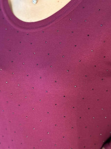 Toptan Kadın Triko Kazak Uzun Kollu Taş İşlemeli Cep Detaylı Bisiklet Yaka Eflatun - 30624 | KAZEE - 4