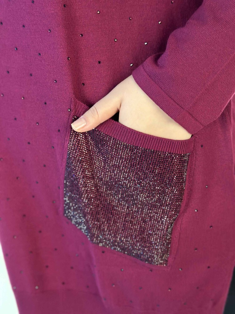 Toptan Kadın Triko Kazak Uzun Kollu Taş İşlemeli Cep Detaylı Bisiklet Yaka Eflatun - 30624 | KAZEE - 5