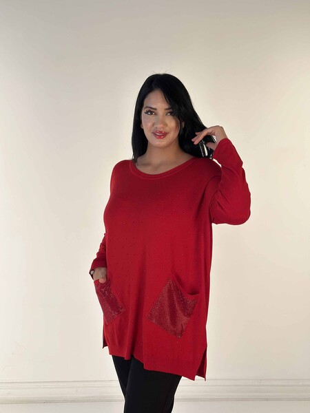 Toptan Kadın Triko Kazak Uzun Kollu Taş İşlemeli Cep Detaylı Bisiklet Yaka Kırmızı - 30624 | KAZEE - 3