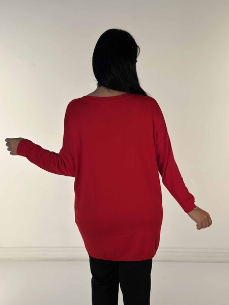 Toptan Kadın Triko Kazak Uzun Kollu Taş İşlemeli Cep Detaylı Bisiklet Yaka Kırmızı - 30624 | KAZEE - 6