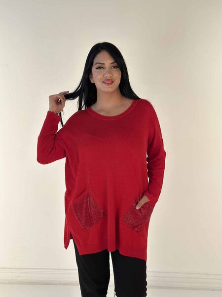 Toptan Kadın Triko Kazak Uzun Kollu Taş İşlemeli Cep Detaylı Bisiklet Yaka Kırmızı - 30624 | KAZEE - 1