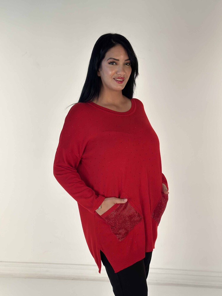 Toptan Kadın Triko Kazak Uzun Kollu Taş İşlemeli Cep Detaylı Bisiklet Yaka Kırmızı - 30624 | KAZEE - 2