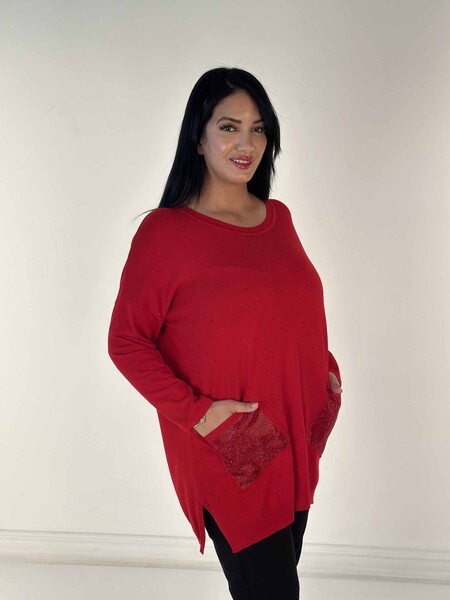 Toptan Kadın Triko Kazak Uzun Kollu Taş İşlemeli Cep Detaylı Bisiklet Yaka Kırmızı - 30624 | KAZEE - 2