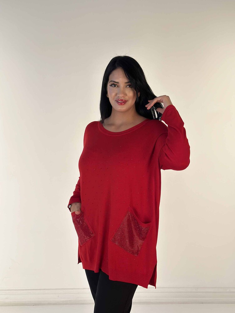 Toptan Kadın Triko Kazak Uzun Kollu Taş İşlemeli Cep Detaylı Bisiklet Yaka Kırmızı - 30624 | KAZEE - 3