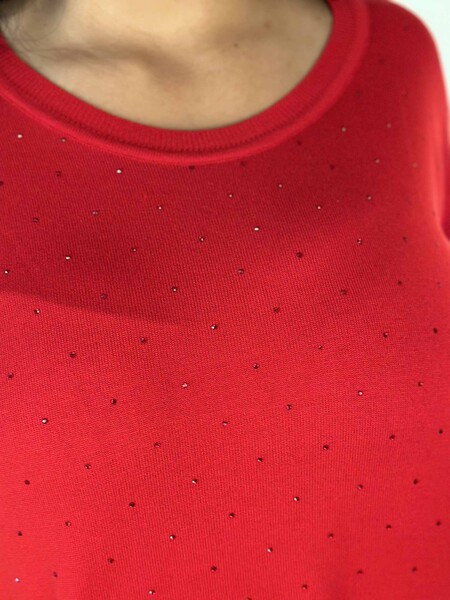 Toptan Kadın Triko Kazak Uzun Kollu Taş İşlemeli Cep Detaylı Bisiklet Yaka Kırmızı - 30624 | KAZEE - 4