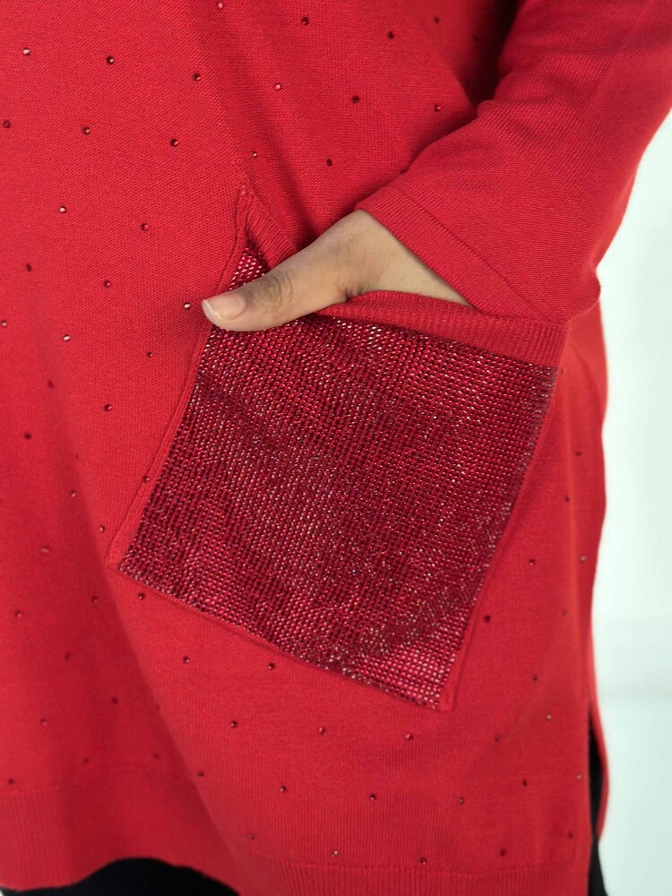 Toptan Kadın Triko Kazak Uzun Kollu Taş İşlemeli Cep Detaylı Bisiklet Yaka Kırmızı - 30624 | KAZEE - 5