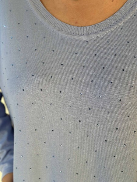 Toptan Kadın Triko Kazak Uzun Kollu Taş İşlemeli Cep Detaylı Bisiklet Yaka Mavi - 30624 | KAZEE - 4